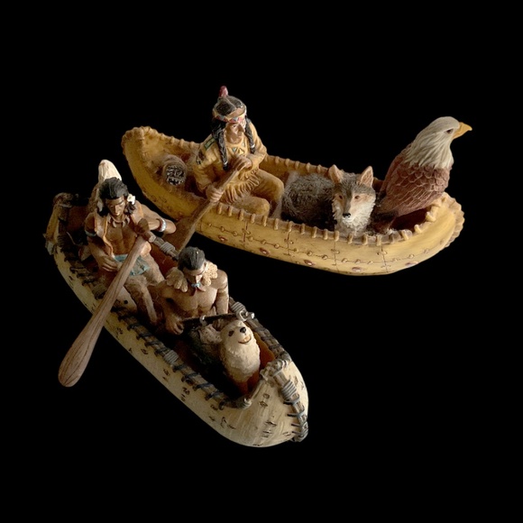 2 Heavy Vintage Indians in Canoe Figurines, Native American, Wolf, Wolves, Eagle - Picture 1 of 10